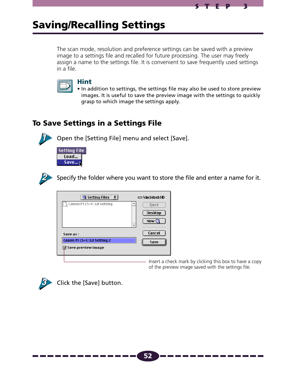Saving/recalling settings, P. 52 | Canon N650U User Manual | Page 52 / 67