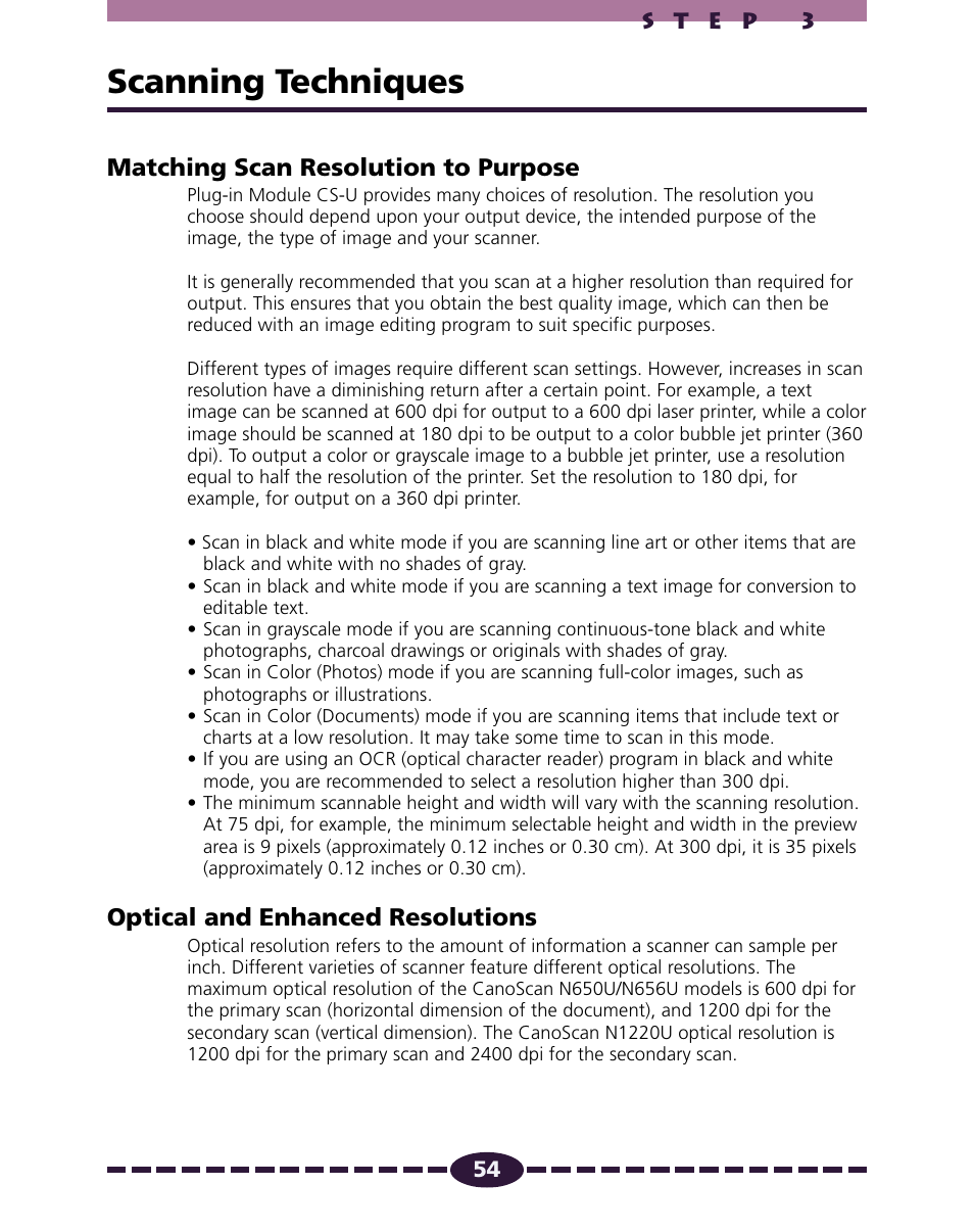 Scanning techniques, P. 54, Matching scan resolution to purpose | Optical and enhanced resolutions | Canon N650U User Manual | Page 54 / 67