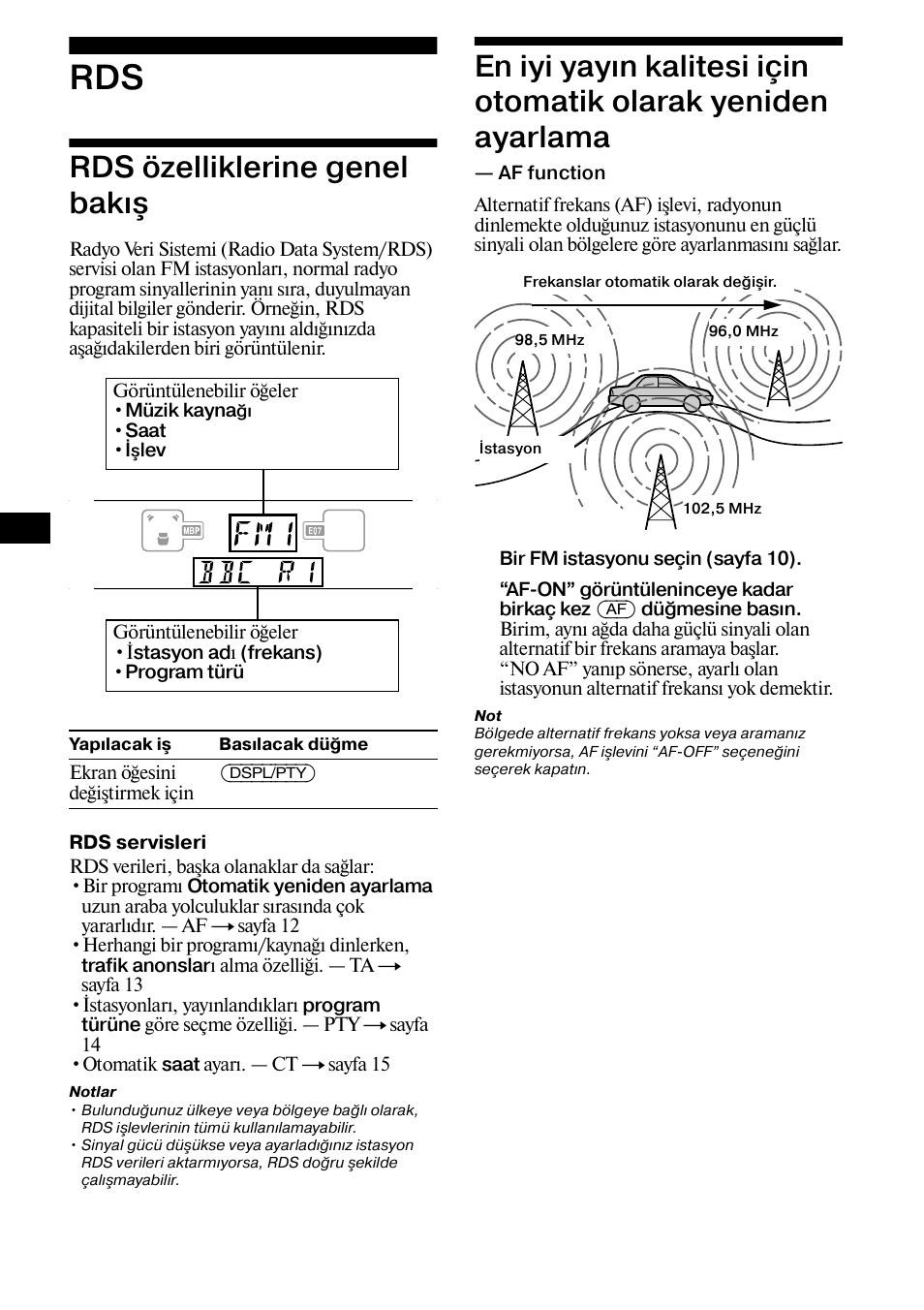 Rds özelliklerine genel bakæ, Yeniden ayarlama — af function, Rds özelliklerine genel bakış | Sony XR-CA800 User Manual | Page 100 / 150