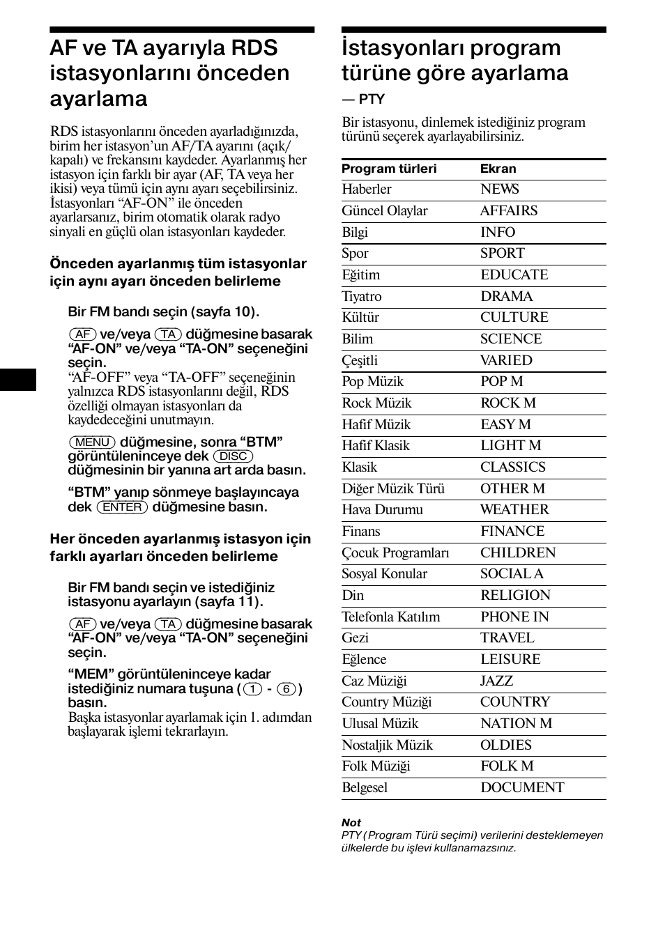 Åstasyonlaræ program türüne göre ayarlama, Af ve ta ayarıyla rds istasyonlarını, Önceden ayarlama | Istasyonları program türüne göre ayarlama, Sayfa | Sony XR-CA800 User Manual | Page 102 / 150