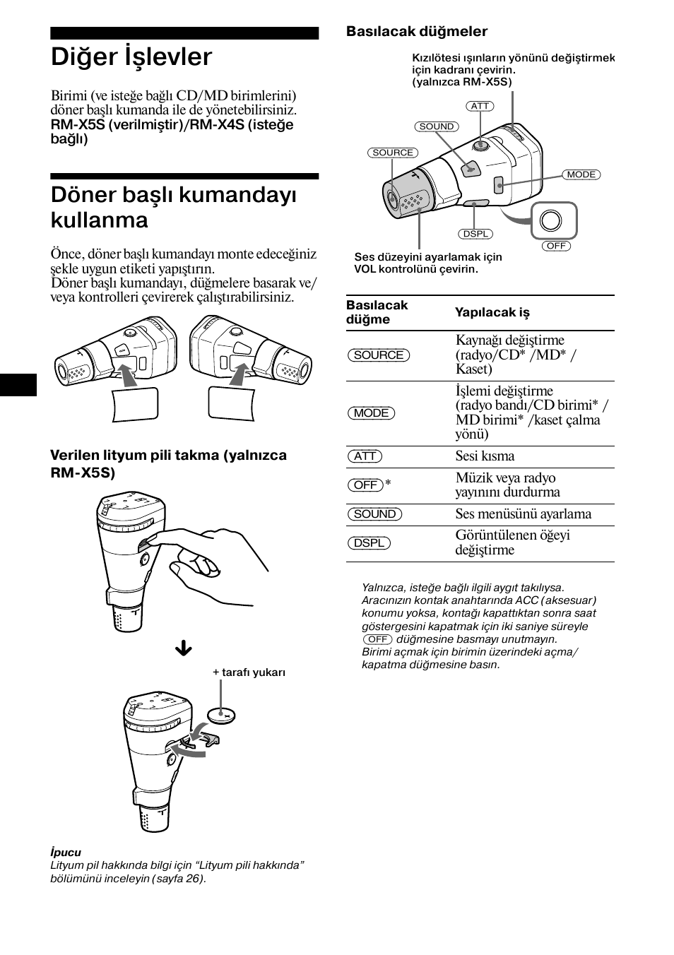 Di²er å levler, Döner ba læ kumandayæ kullanma, Diğer işlevler | Döner başlı kumandayı kullanma | Sony XR-CA800 User Manual | Page 104 / 150