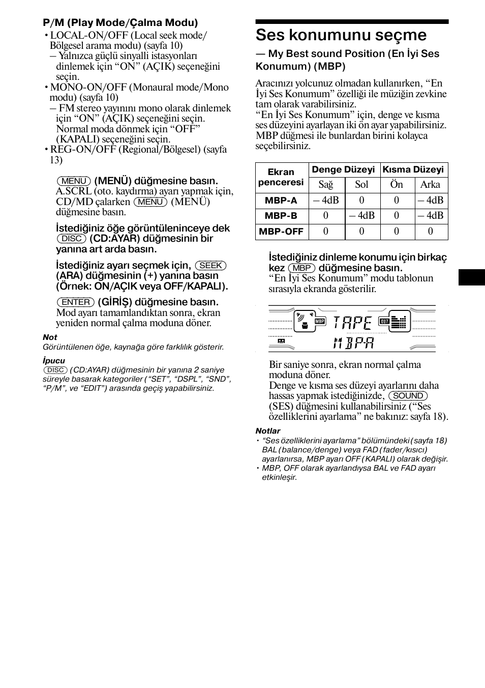 Ses konumunu seçme, My best sound position (en iyi ses konumum) (mbp) | Sony XR-CA800 User Manual | Page 107 / 150