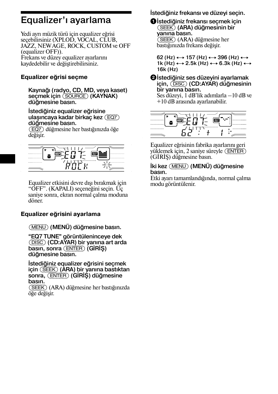 Equalizer’æ ayarlama, Equalizer’ı ayarlama, 20 equalizer’ı ayarlama | Sony XR-CA800 User Manual | Page 108 / 150