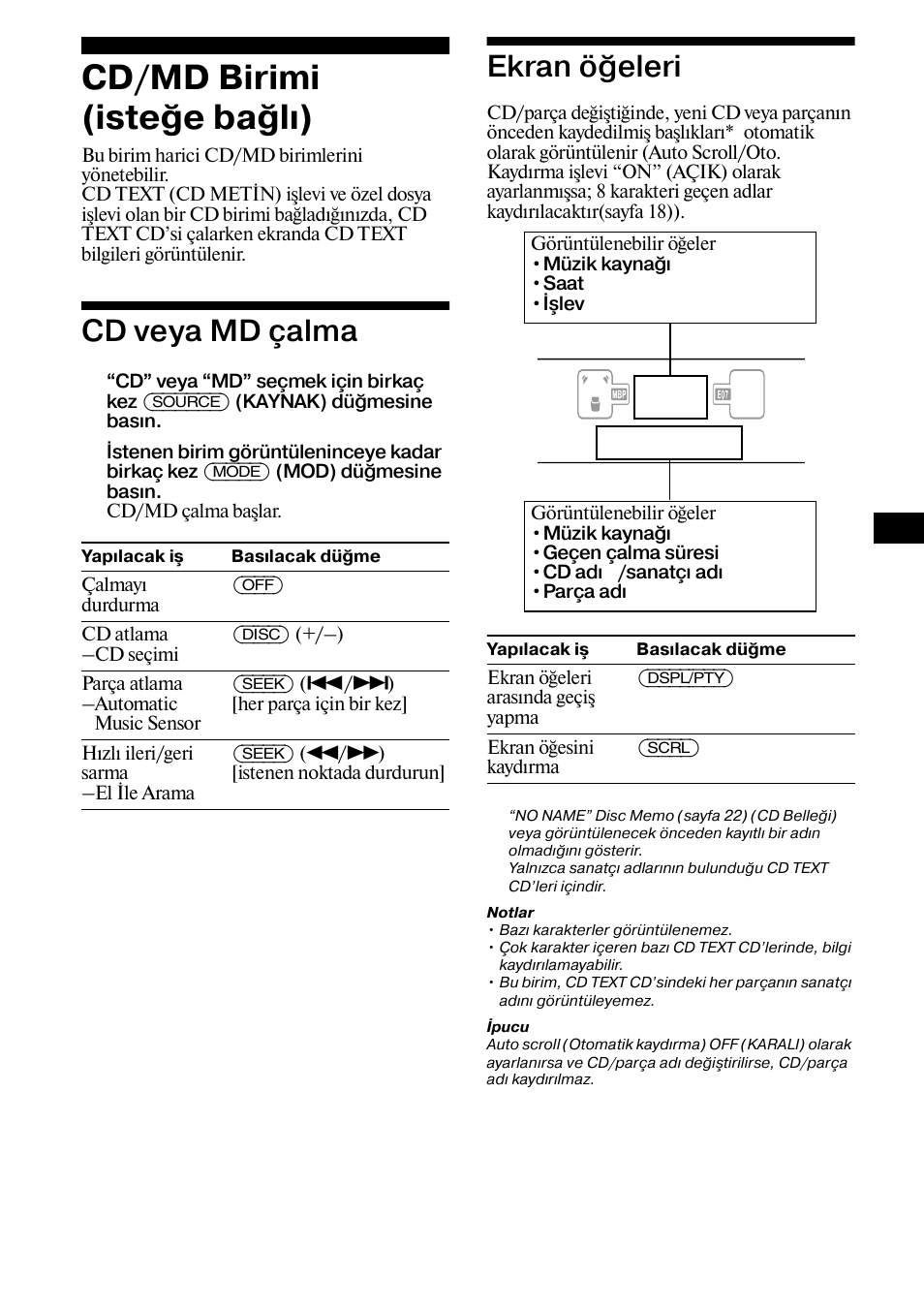 Cd/md birimi (iste²e ba²læ), Cd veya md çalma, Ekran ö²eleri | Cd/md birimi (isteğe bağlı), Cd veya md çalma ekran öğeleri, Ekran öğeleri | Sony XR-CA800 User Manual | Page 109 / 150