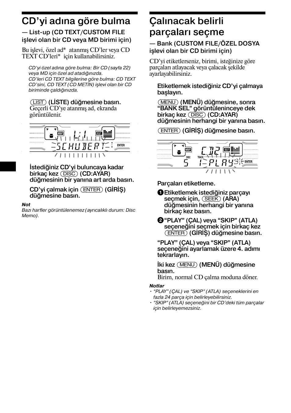 Cd’yi adæna göre bulma, Çalænacak belirli parçalaræ seçme, Cd’yi adına göre bulma | List up, Çalınacak belirli parçaları seçme, Bank, 24 cd’yi adına göre bulma | Sony XR-CA800 User Manual | Page 112 / 150