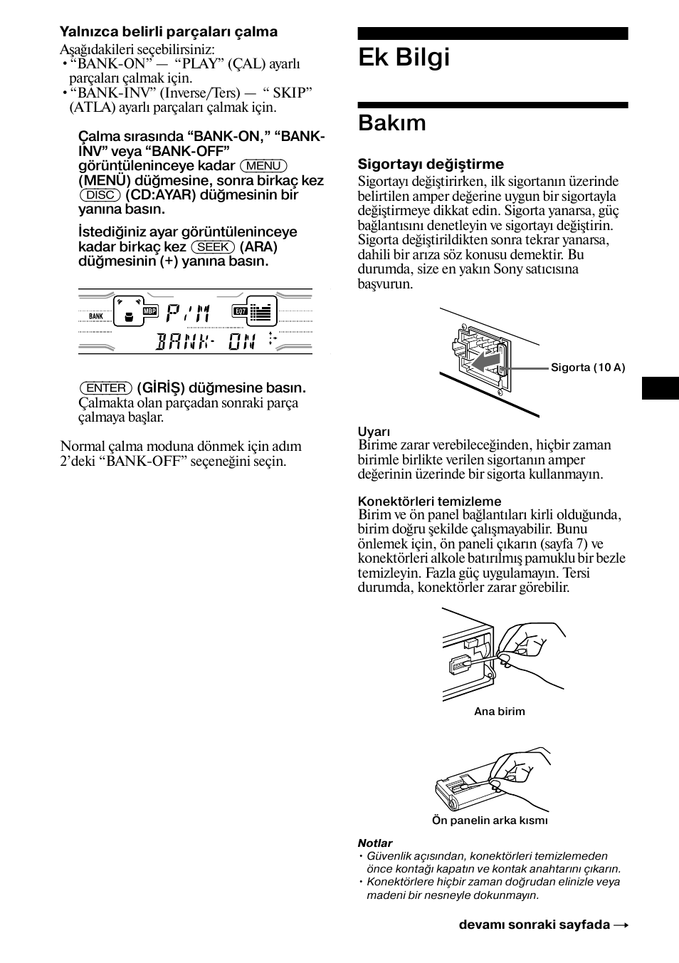 Ek bilgi, Bakæm, Bakım | Sony XR-CA800 User Manual | Page 113 / 150