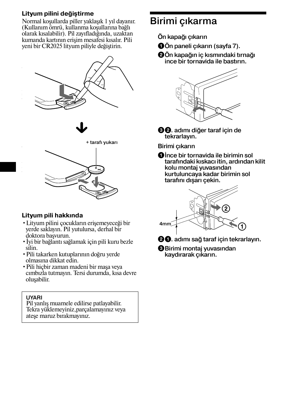 Birimi çækarma, Birimi çıkarma, Sayfa 26) | Sony XR-CA800 User Manual | Page 114 / 150