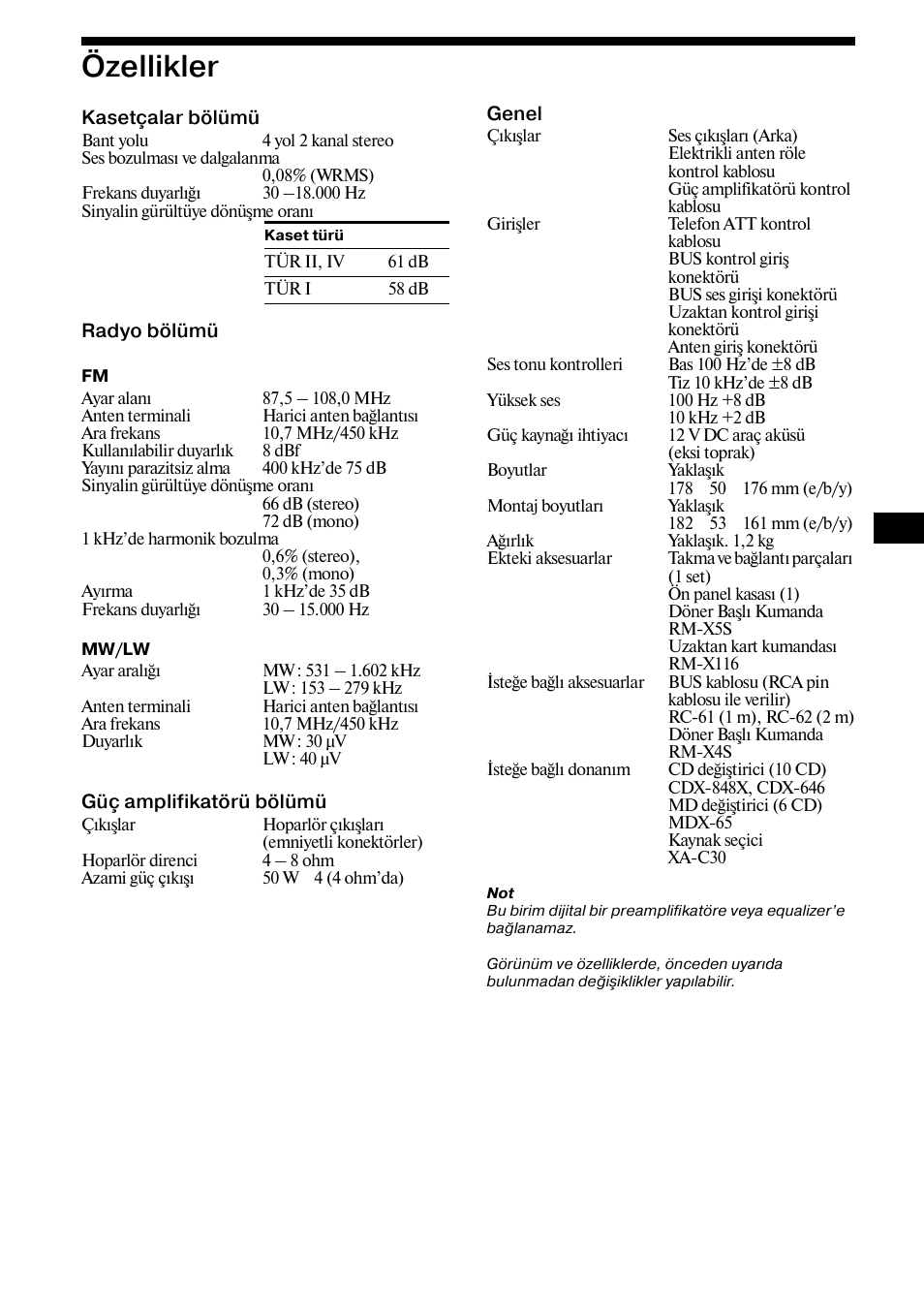 Özellikler, 27 özellikler | Sony XR-CA800 User Manual | Page 115 / 150