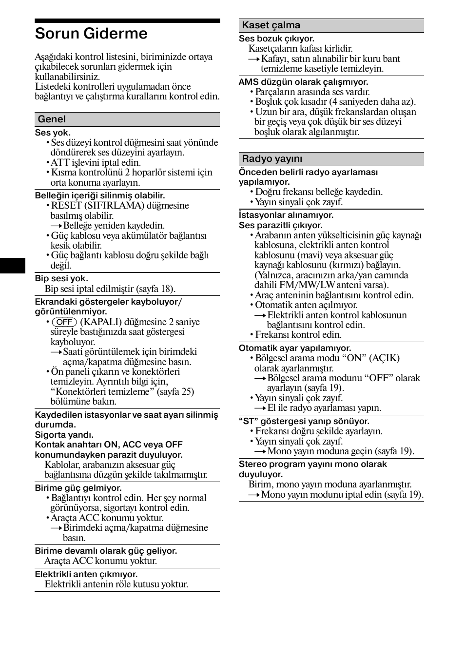 Sorun giderme, 28 sorun giderme | Sony XR-CA800 User Manual | Page 116 / 150