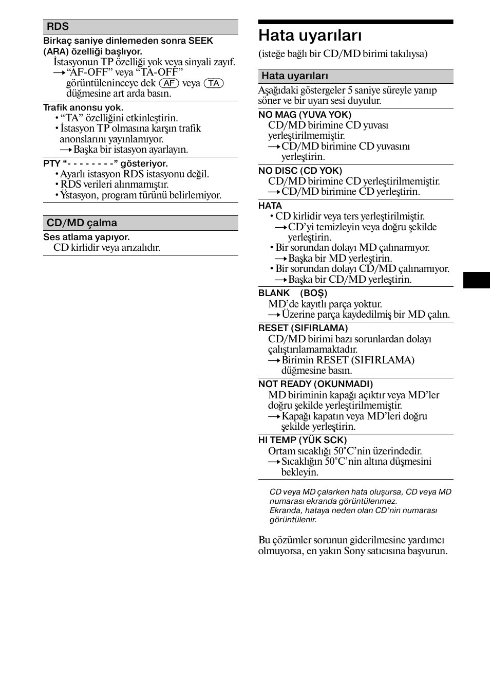 Hata uyarælaræ, Hata uyarıları, 29 hata uyarıları | Sony XR-CA800 User Manual | Page 117 / 150