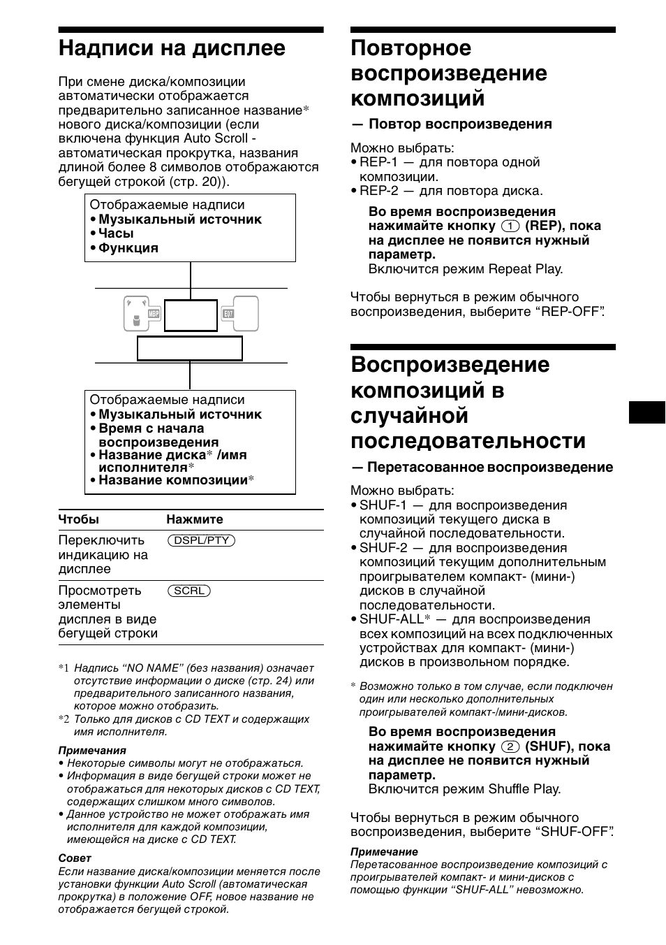 Надписи на дисплее, Повто²ное восп²оизведение композиций, Надписи на дисплее повторное воспроизведение | Композиций — повтор воспроизведения, Воспроизведение композиций в, L 23, 23 надписи на дисплее, Повторное воспроизведение композиций | Sony XR-CA800 User Manual | Page 139 / 150