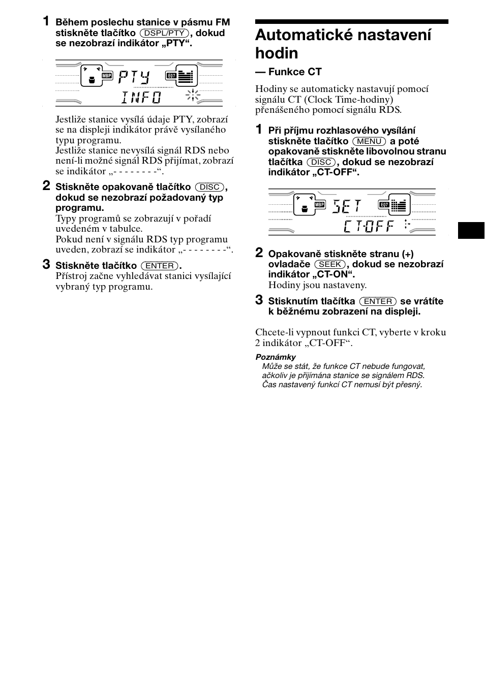 Automatické nastavení hodin, Funkce ct | Sony XR-CA800 User Manual | Page 43 / 150