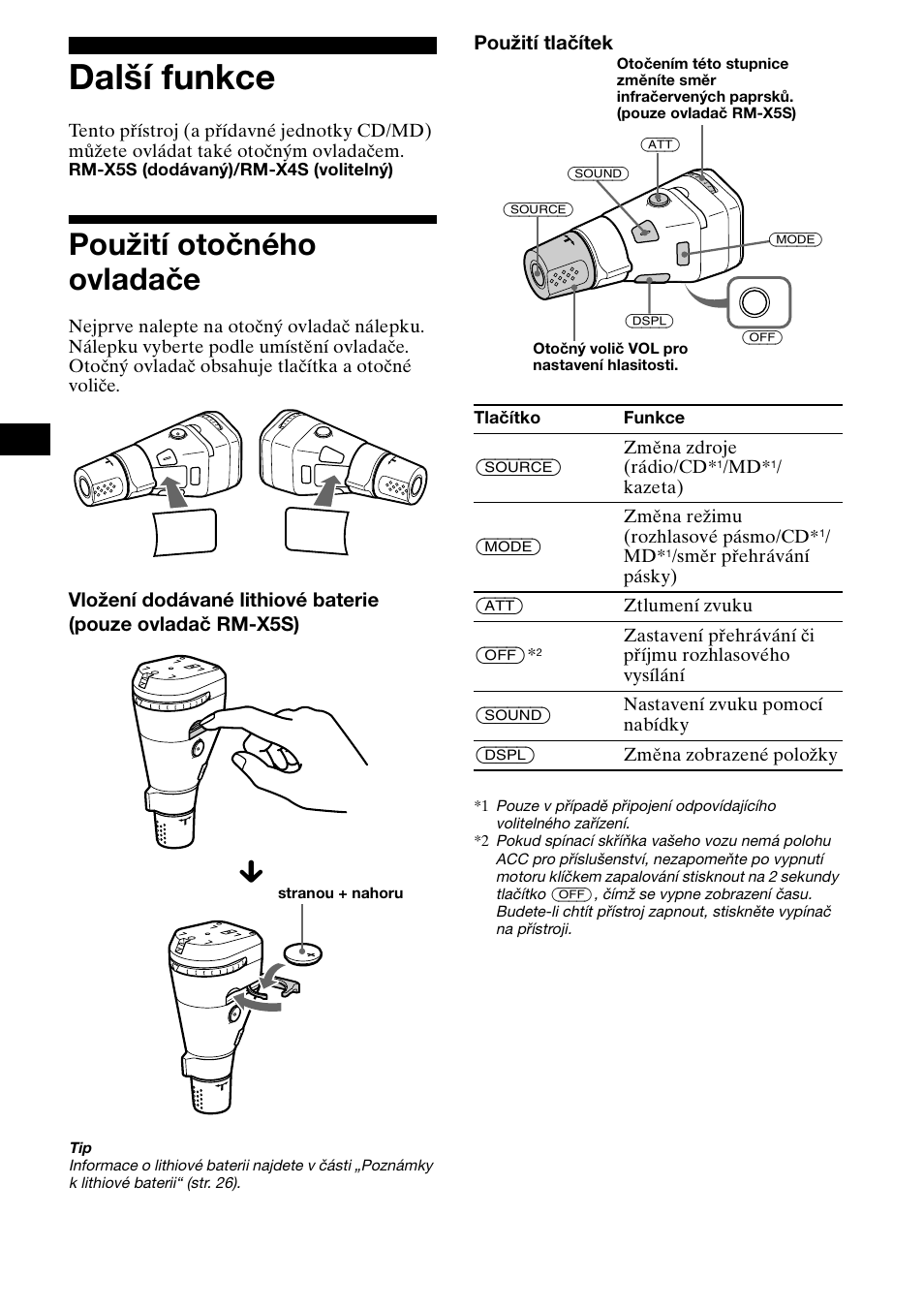 Dal¶í funkce, Pou½ití otoèného ovladaèe, Další funkce | Použití otočného ovladače | Sony XR-CA800 User Manual | Page 44 / 150