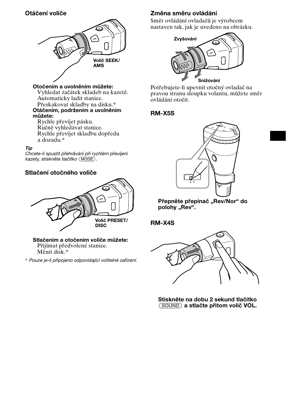 Otáčení voliče, Stlačení otočného voliče, Změna směru ovládání | Rm-x5s rm-x4s, Přijímat předvolené stanice. – měnit disk, Přepněte přepínač „rev/nor“ do polohy „rev | Sony XR-CA800 User Manual | Page 45 / 150