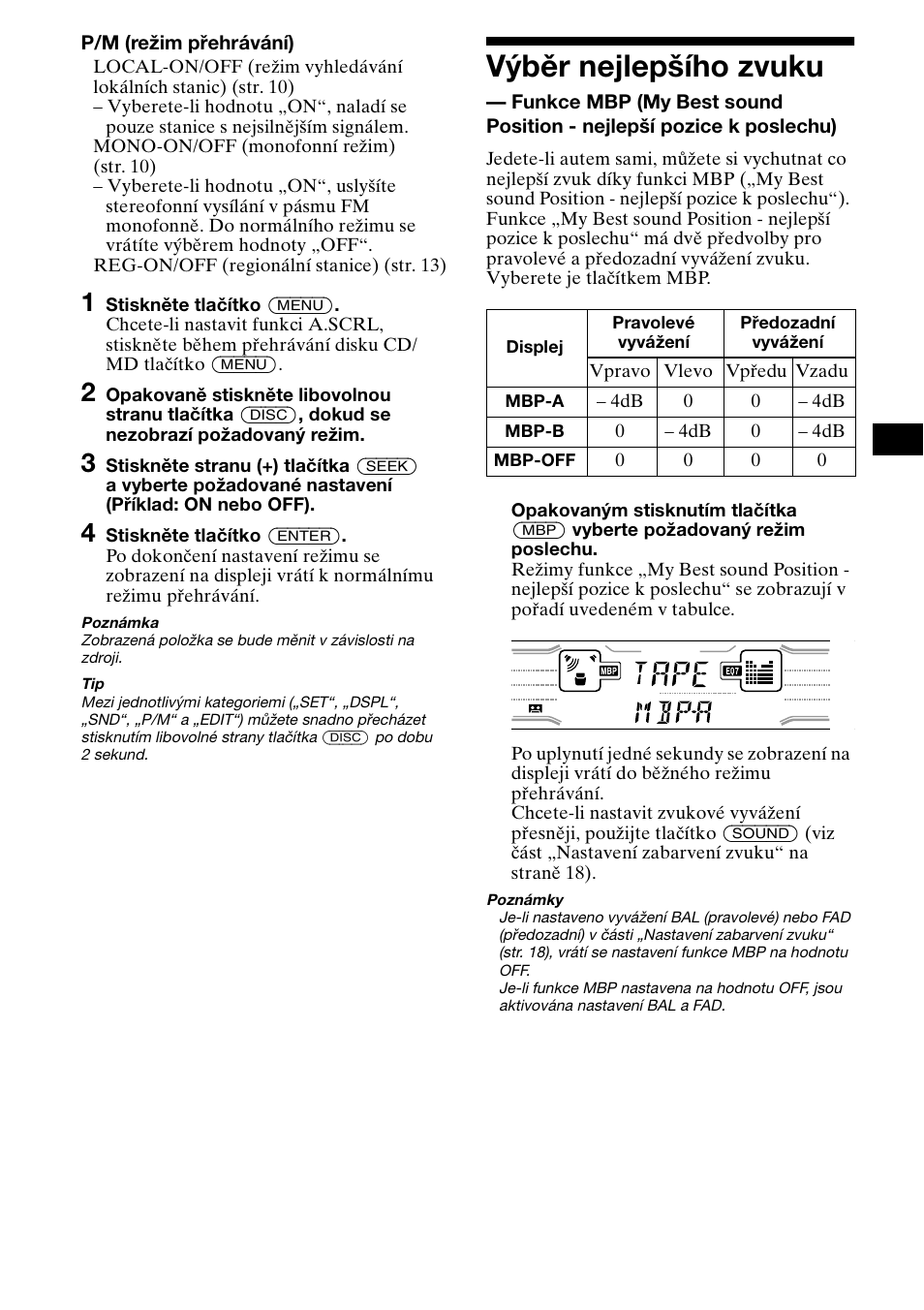 Væbìr nejlep¶ího zvuku, Výběr nejlepšího zvuku | Sony XR-CA800 User Manual | Page 47 / 150