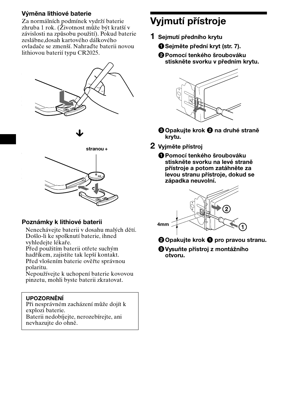 Vyjmutí pøístroje, Vyjmutí přístroje | Sony XR-CA800 User Manual | Page 54 / 150