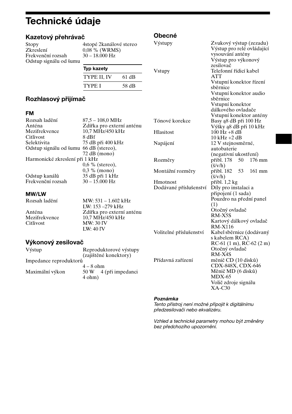 Technické údaje, 27 technické údaje, Kazetový přehrávač | Rozhlasový přijímač, Výkonový zesilovač, Obecné | Sony XR-CA800 User Manual | Page 55 / 150