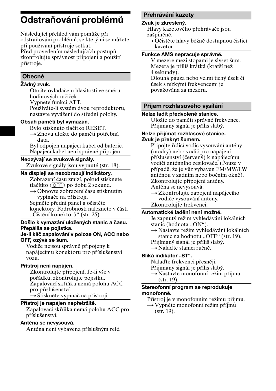 Odstraòování problémù, Odstraňování problémů, 28 odstraňování problémů | Sony XR-CA800 User Manual | Page 56 / 150