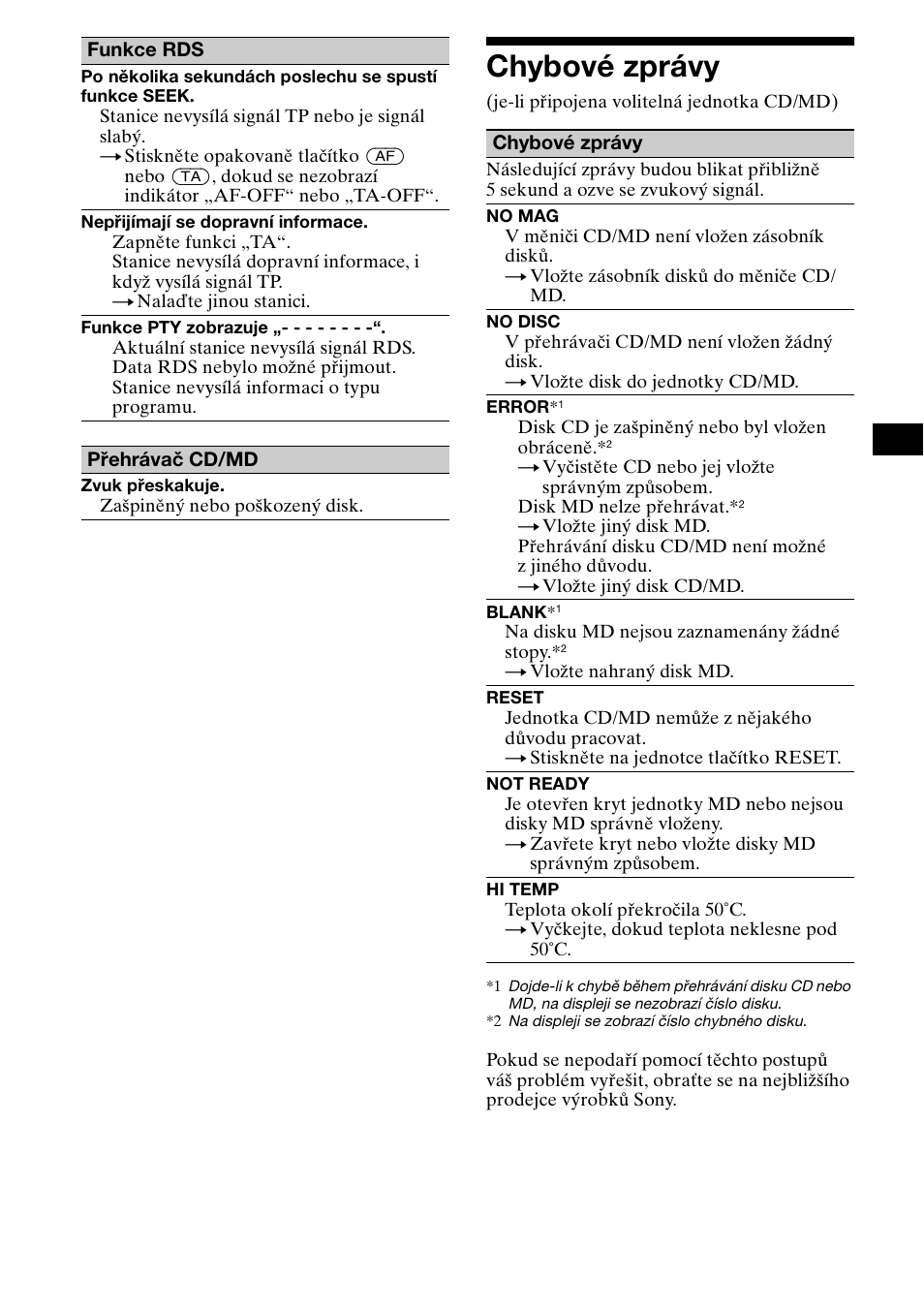 Chybové zprávy, 29 chybové zprávy | Sony XR-CA800 User Manual | Page 57 / 150