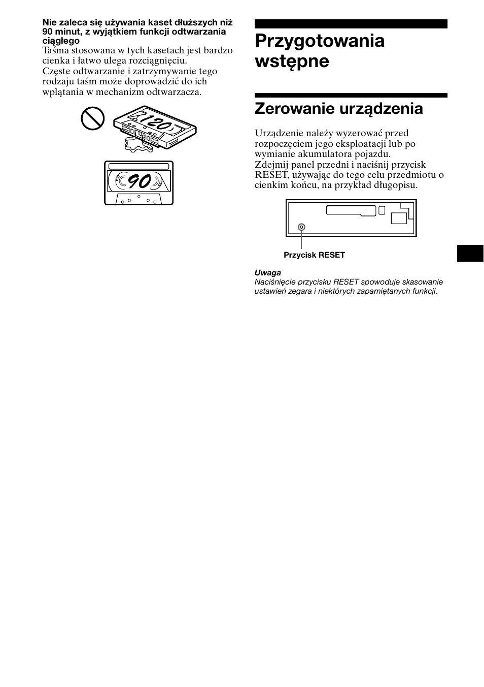 Przygotowania wstêpne, Zerowanie urz¶dzenia, Przygotowania wstępne | Zerowanie urządzenia | Sony XR-CA800 User Manual | Page 63 / 150