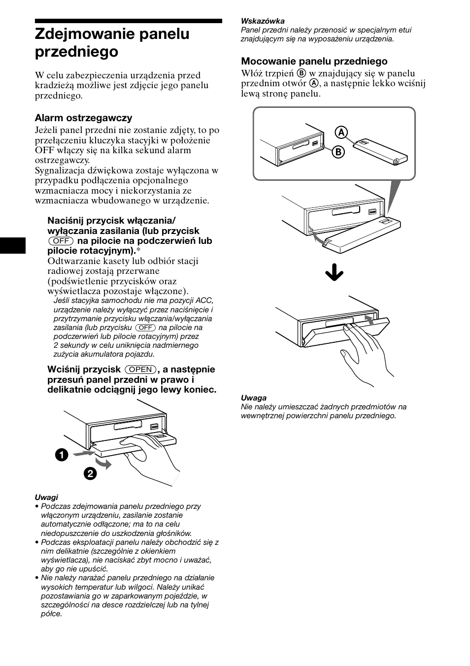 Zdejmowanie panelu przedniego, 8zdejmowanie panelu przedniego | Sony XR-CA800 User Manual | Page 64 / 150