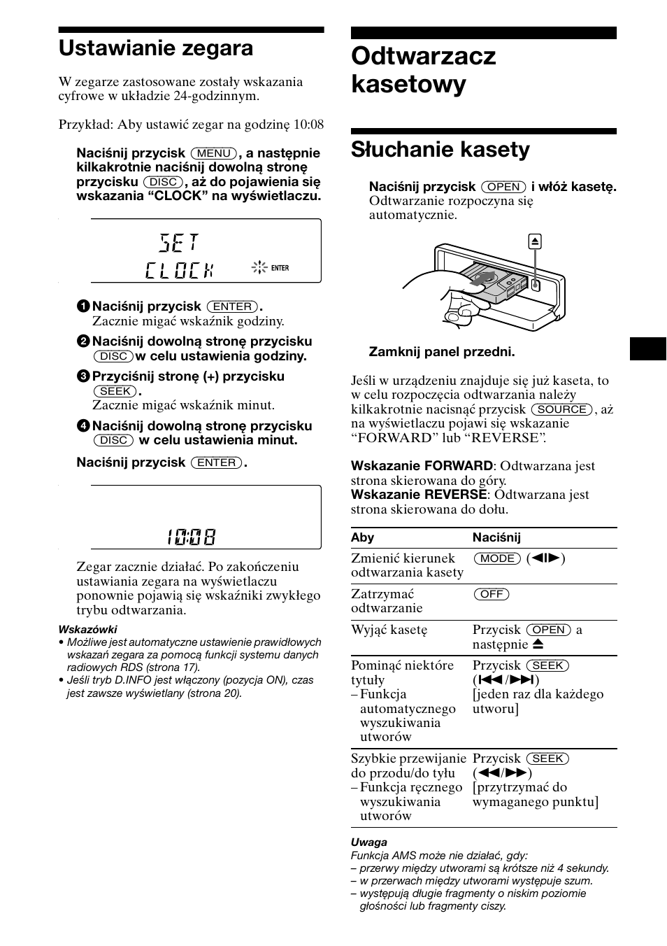 Ustawianie zegara, Odtwarzacz kasetowy, S¸uchanie kasety | Słuchanie kasety, 9ustawianie zegara | Sony XR-CA800 User Manual | Page 65 / 150