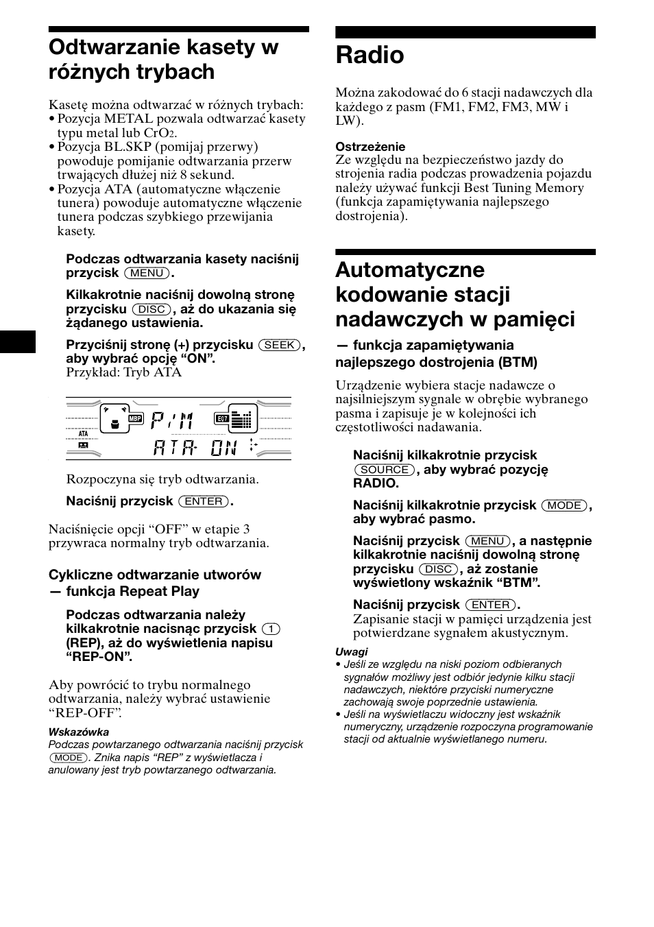 Odtwarzanie kasety w ró¿nych trybach, Radio, Odtwarzanie kasety w różnych trybach . 10 | Automatyczne kodowanie stacji, Dostrojenia (btm), Odbieranie zaprogramowanych stacji, 10 odtwarzanie kasety w różnych trybach, Automatyczne kodowanie stacji nadawczych w pamięci | Sony XR-CA800 User Manual | Page 66 / 150