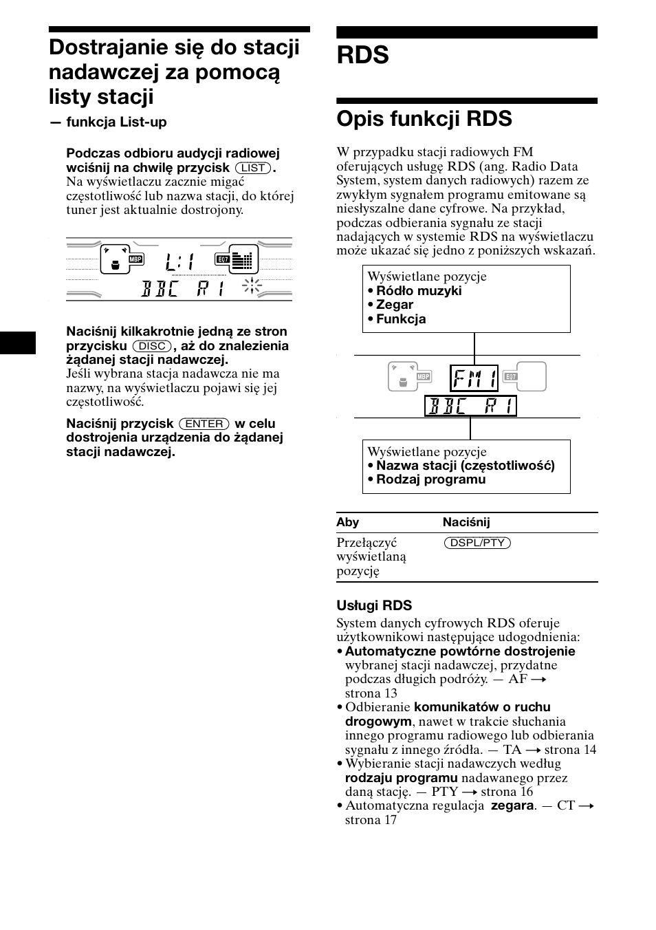 Opis funkcji rds, Pomocą listy stacji — funkcja list-up, Opis funkcji rds automatyczne dostrajanie w celu | Sony XR-CA800 User Manual | Page 68 / 150