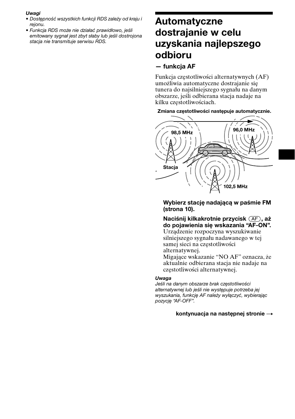 Uzyskania najlepszego odbioru — funkcja af, Odbieranie komunikatów o ruchu | Sony XR-CA800 User Manual | Page 69 / 150