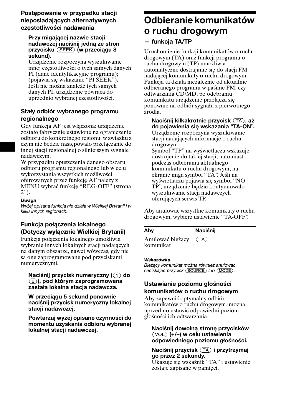 Odbieranie komunikatów o ruchu drogowym, Drogowym — funkcja ta/tp, Programowanie stacji nadawczych | Sony XR-CA800 User Manual | Page 70 / 150