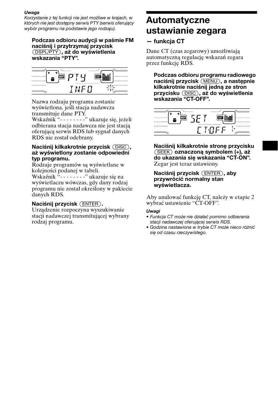 Automatyczne ustawianie zegara, Funkcja ct | Sony XR-CA800 User Manual | Page 73 / 150