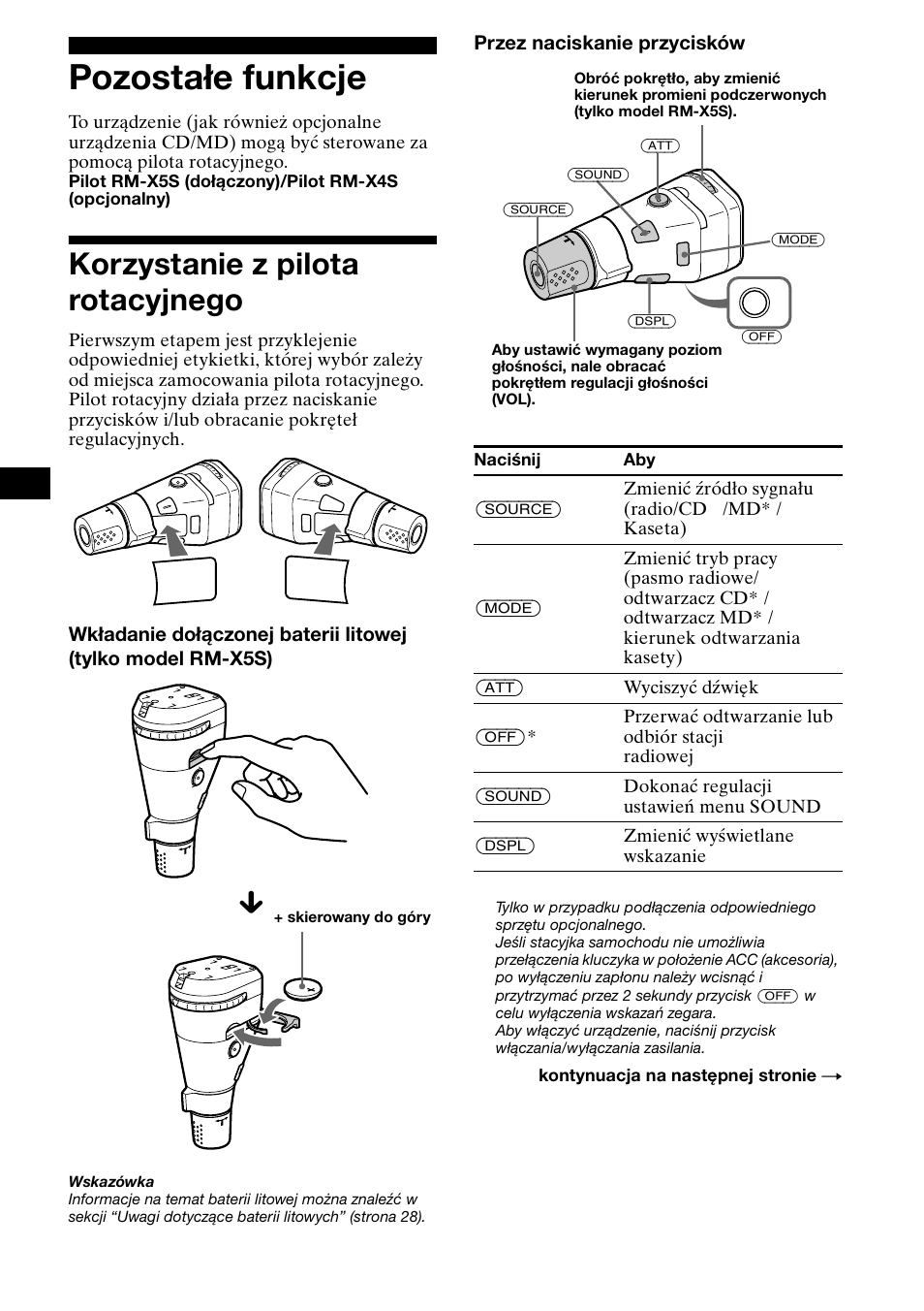 Pozosta¸e funkcje, Korzystanie z pilota rotacyjnego, Pozostałe funkcje | Sony XR-CA800 User Manual | Page 74 / 150