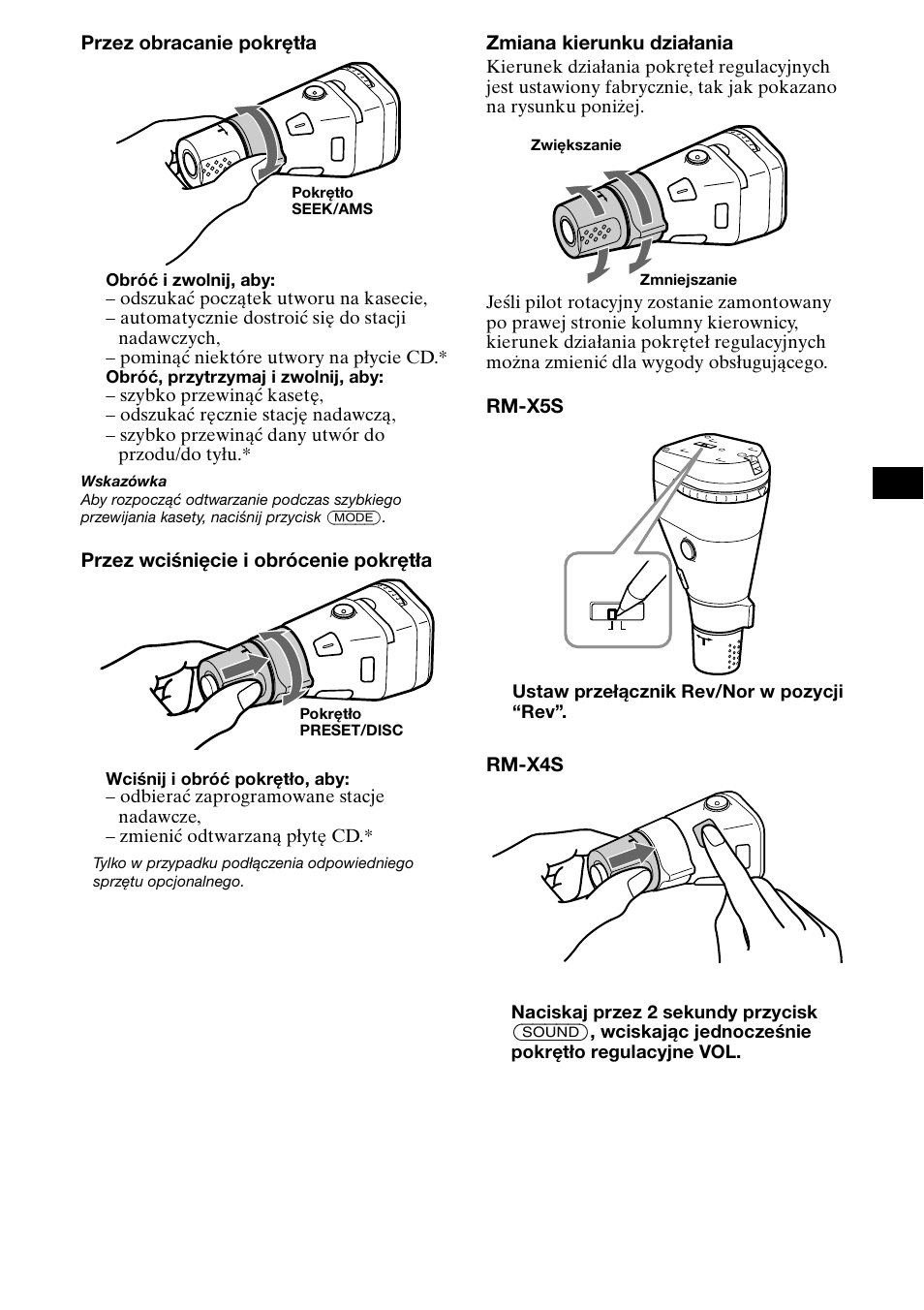 Przez obracanie pokrętła, Przez wciśnięcie i obrócenie pokrętła, Zmiana kierunku działania | Rm-x5s rm-x4s, Ustaw przełącznik rev/nor w pozycji “rev | Sony XR-CA800 User Manual | Page 75 / 150