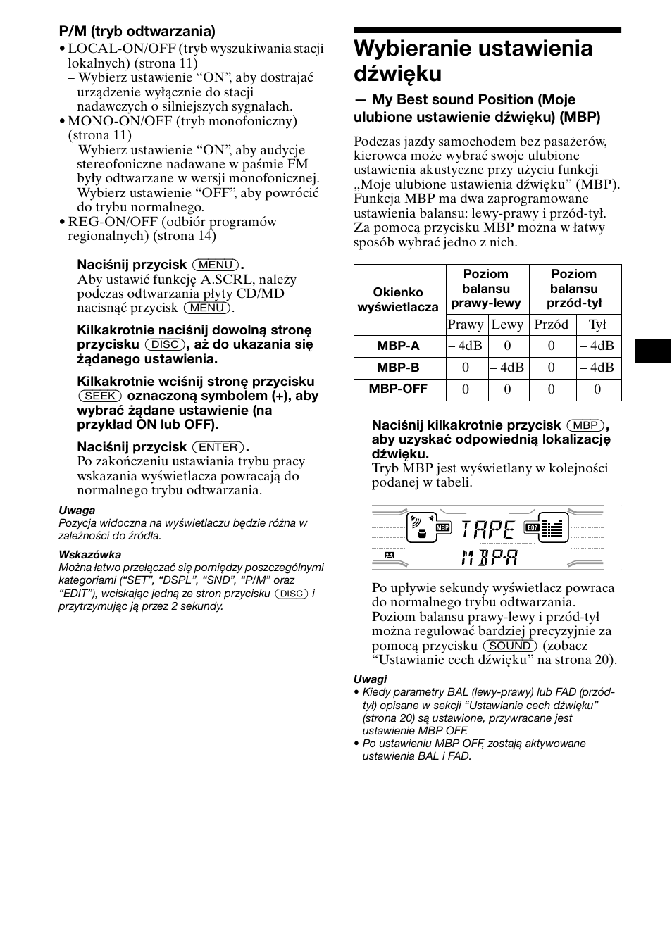 Wybieranie ustawienia dÿwiêku, Wybieranie ustawienia dźwięku, Ustawianie korektora dźwięku | Sony XR-CA800 User Manual | Page 77 / 150