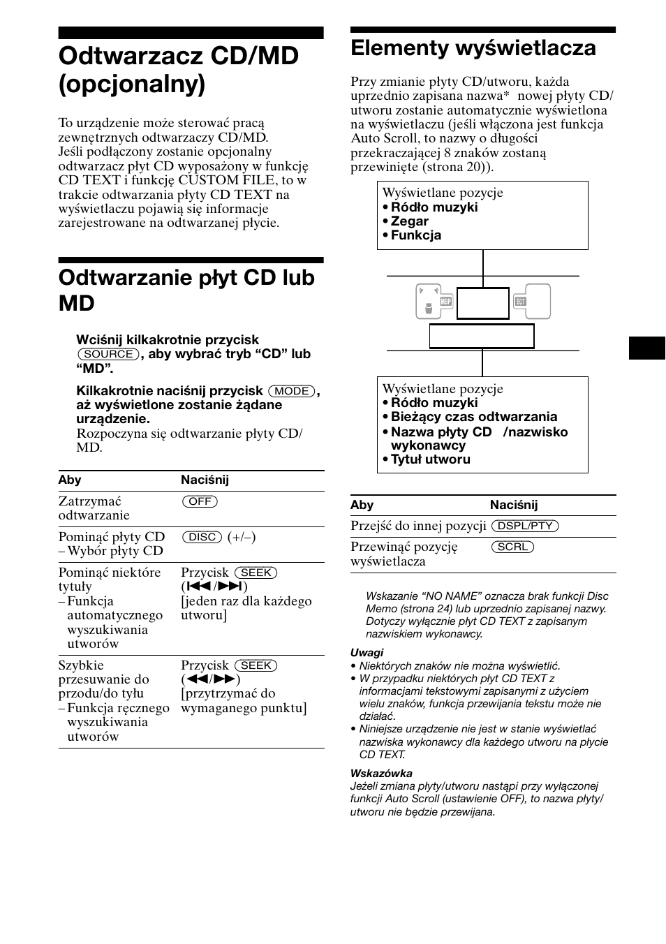 Odtwarzacz cd/md (opcjonalny), Odtwarzanie p¸yt cd lub md, Elementy wyœwietlacza | Odtwarzanie płyt cd lub md, Elementy wyświetlacza | Sony XR-CA800 User Manual | Page 79 / 150