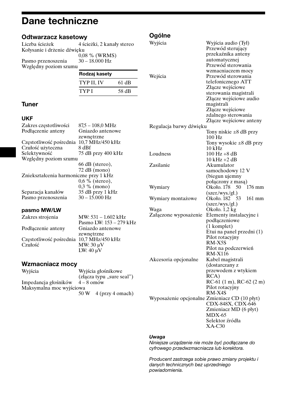 Dane techniczne, Rozwiązywanie problemów, 30 dane techniczne | Odtwarzacz kasetowy, Tuner, Wzmacniacz mocy, Ogólne | Sony XR-CA800 User Manual | Page 86 / 150