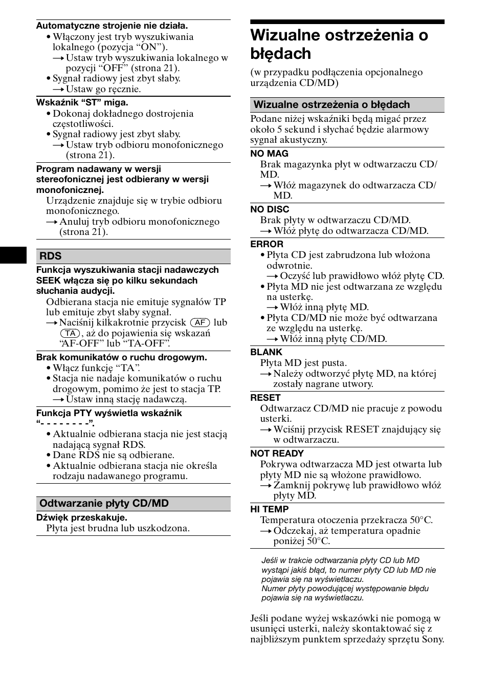 Wizualne ostrze¿enia o b¸êdach, 32 wizualne ostrzeżenia o błędach | Sony XR-CA800 User Manual | Page 88 / 150