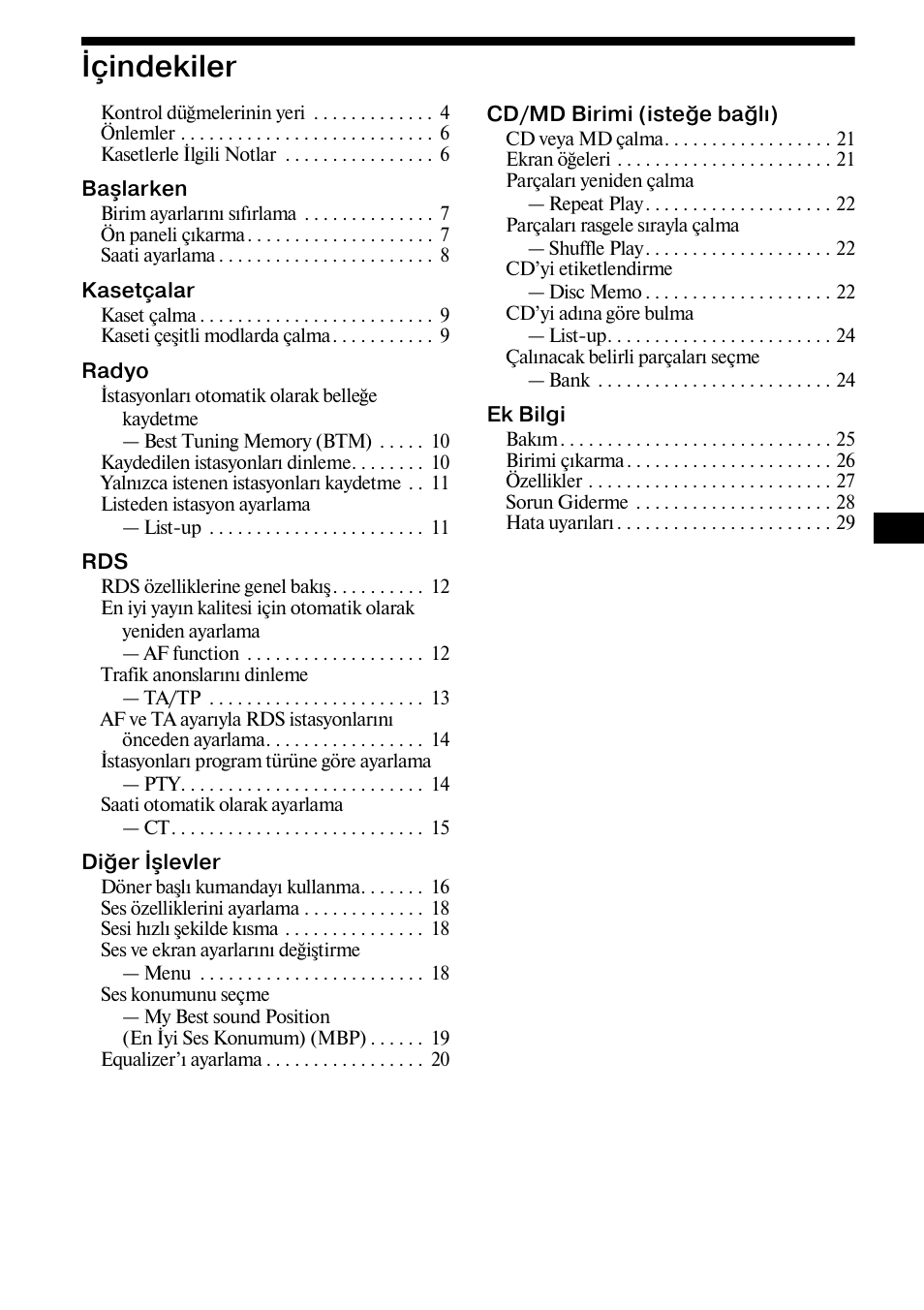 Åçindekiler, 3içindekiler | Sony XR-CA800 User Manual | Page 91 / 150