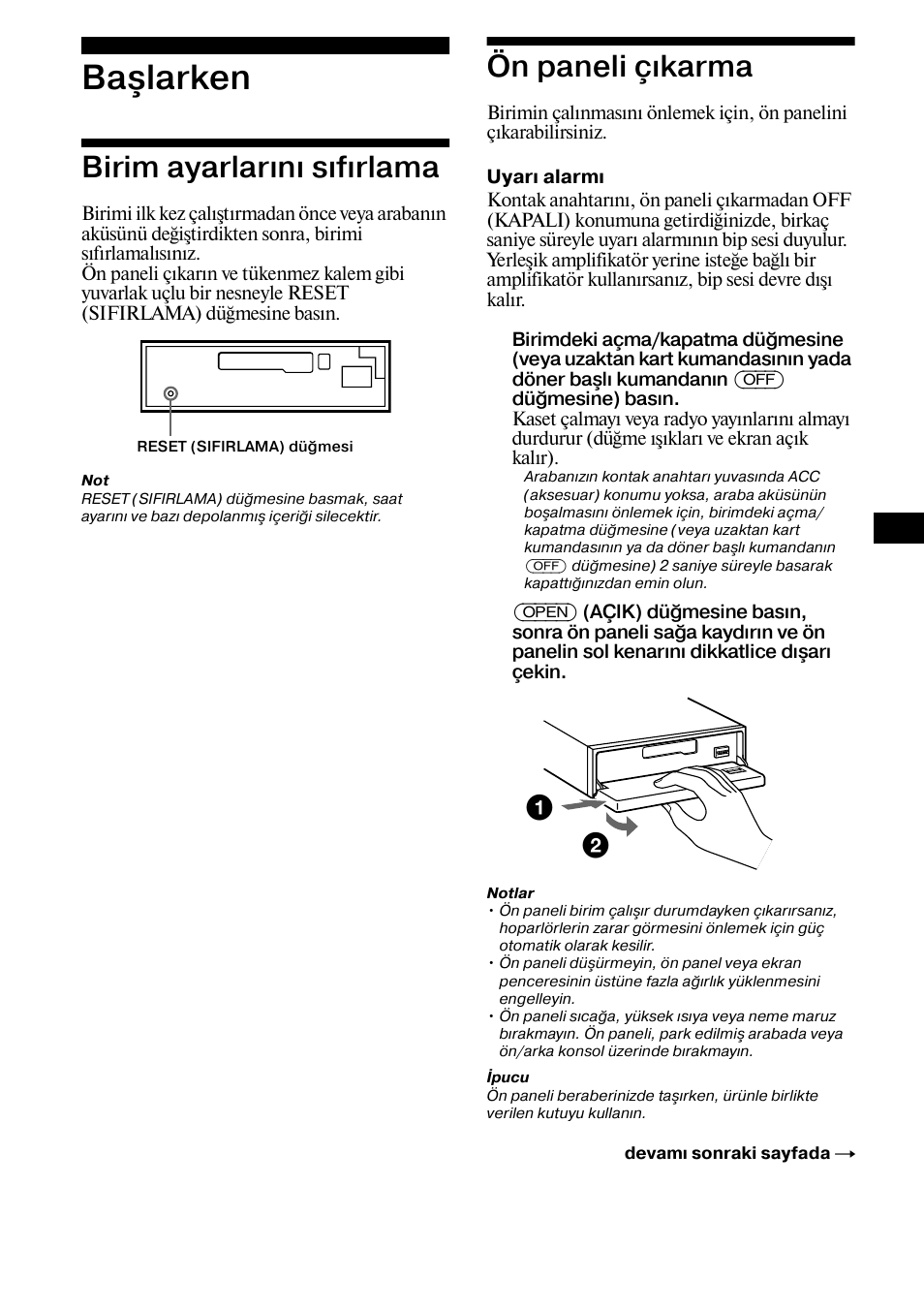 Ba larken, Birim ayarlarænæ sæfærlama, Ön paneli çækarma | Başlarken, Birim ayarlarını sıfırlama ön paneli çıkarma, Birim ayarlarını sıfırlama, Ön paneli çıkarma | Sony XR-CA800 User Manual | Page 95 / 150