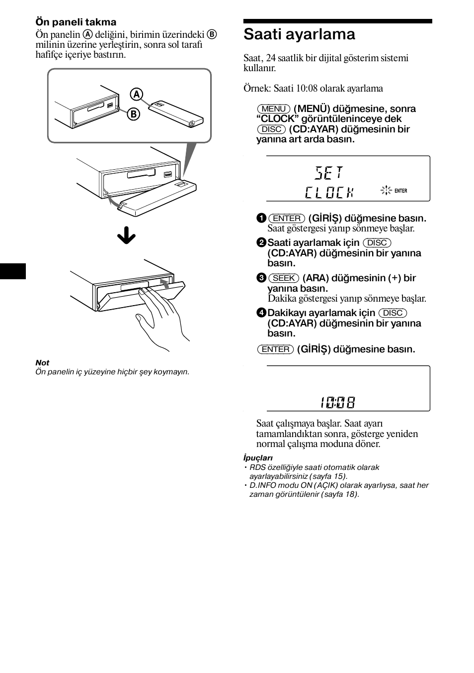 Saati ayarlama | Sony XR-CA800 User Manual | Page 96 / 150