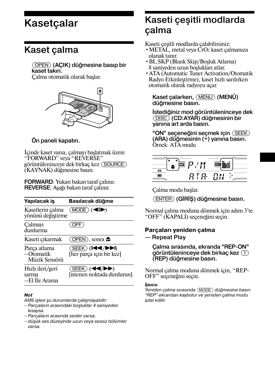 Kasetçalar, Kaset çalma, Kaseti çe itli modlarda çalma | Kaset çalma kaseti çeşitli modlarda çalma, Kaseti çeşitli modlarda çalma | Sony XR-CA800 User Manual | Page 97 / 150