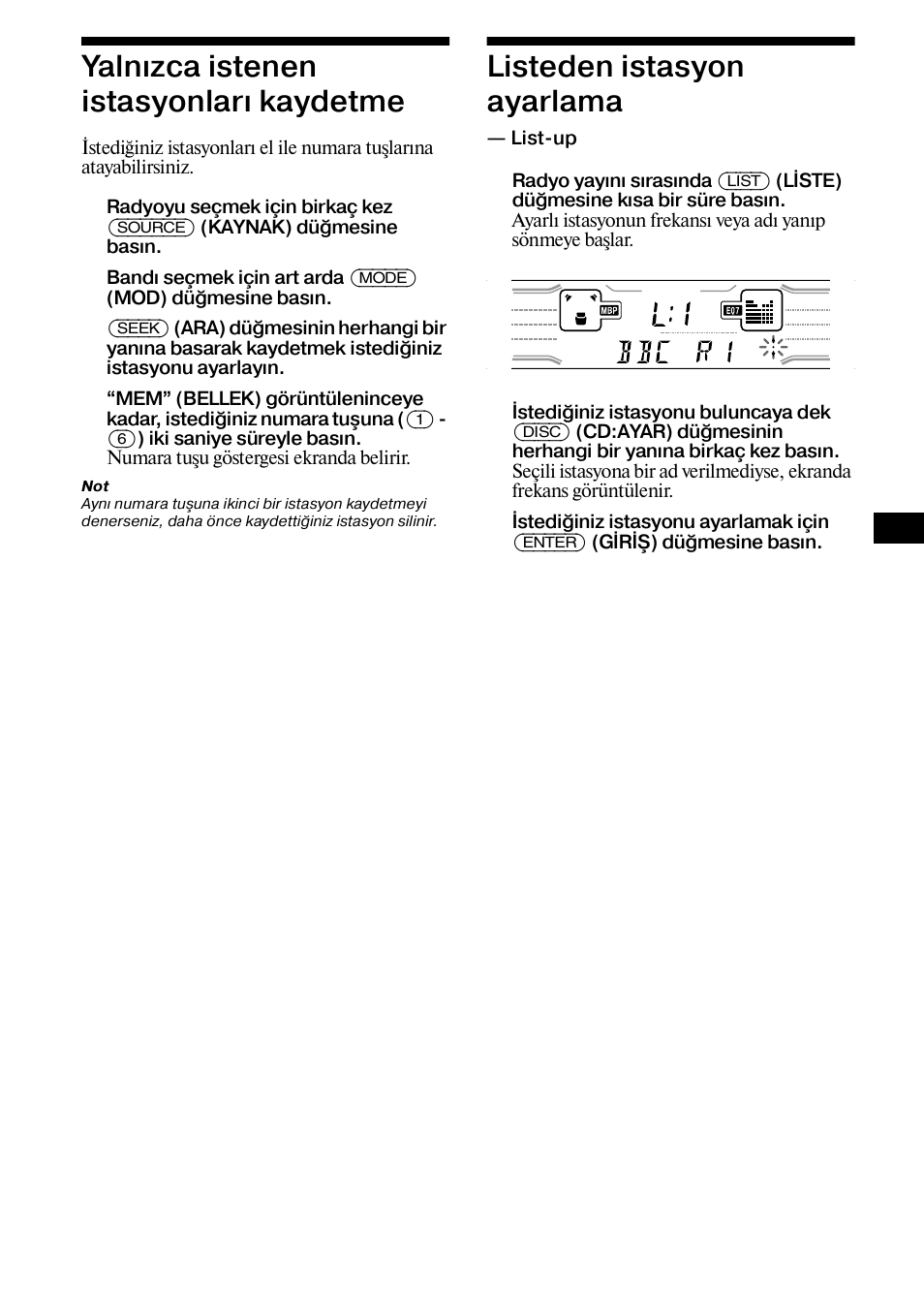 Yalnæzca istenen istasyonlaræ kaydetme, Listeden istasyon ayarlama, List up | 11 yalnızca istenen istasyonları kaydetme | Sony XR-CA800 User Manual | Page 99 / 150