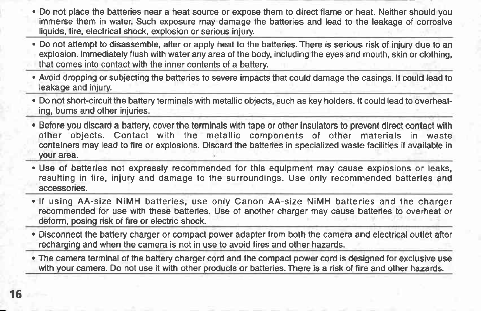 Warnings | Canon A100 User Manual | Page 16 / 164