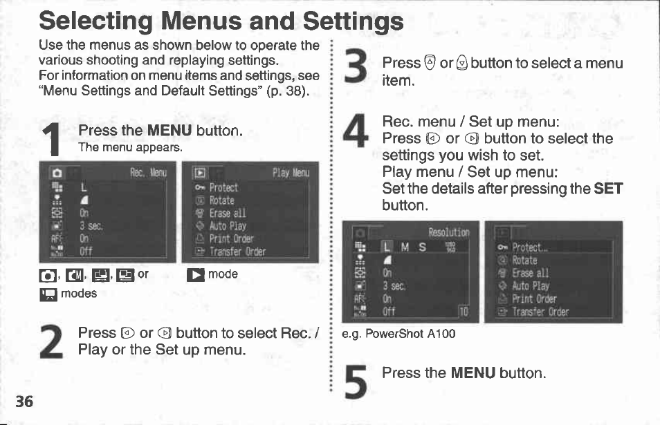Turning the power on / off, Open the lens cover, Close the lens cover | Press the on button again to turn the power off, Shooting mode, Replay mode | Canon A100 User Manual | Page 36 / 164