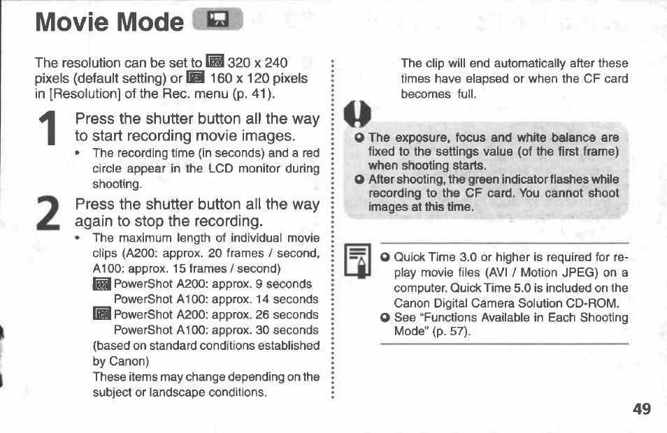 Pressing the shutter button | Canon A100 User Manual | Page 49 / 164