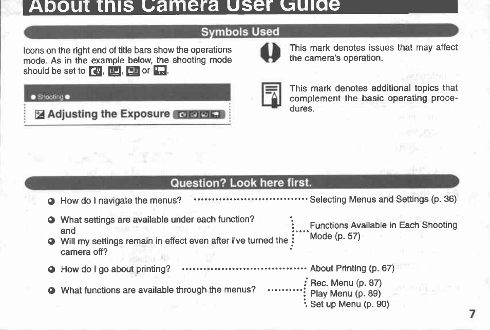 Symbols used, Question? look here first | Canon A100 User Manual | Page 7 / 164