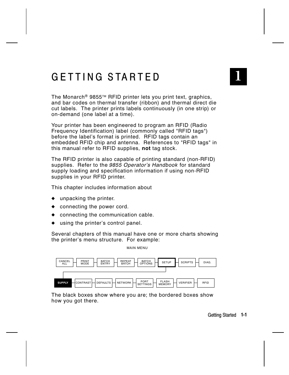 The monarch, Unpacking the printer, Connecting the power cord | Connecting the communication cable, Getting started 1-1 | Paxar Monarch 9855 RFID Printer User Manual | Page 11 / 124