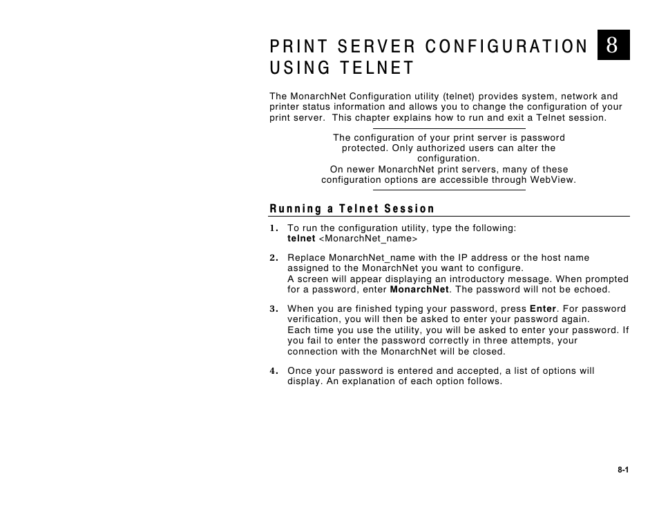 Print server configuration using telnet -1 | Avery Dennison 9840 Technical Reference Manual User Manual | Page 155 / 200