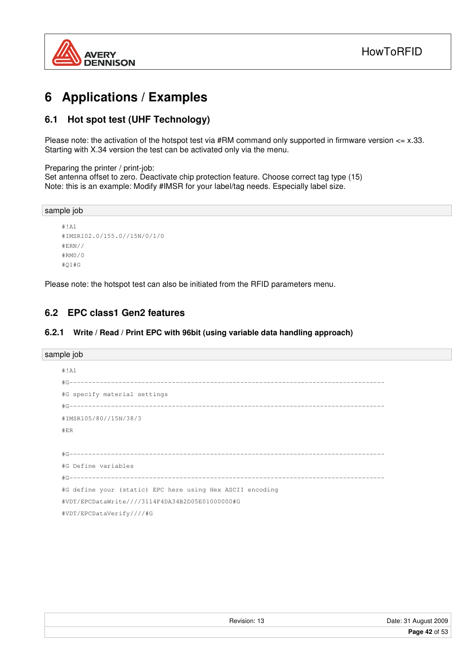 6 applications / examples, Howtorfid, 1 hot spot test (uhf technology) | 2 epc class1 gen2 features | Avery Dennison RFID User Manual | Page 42 / 53
