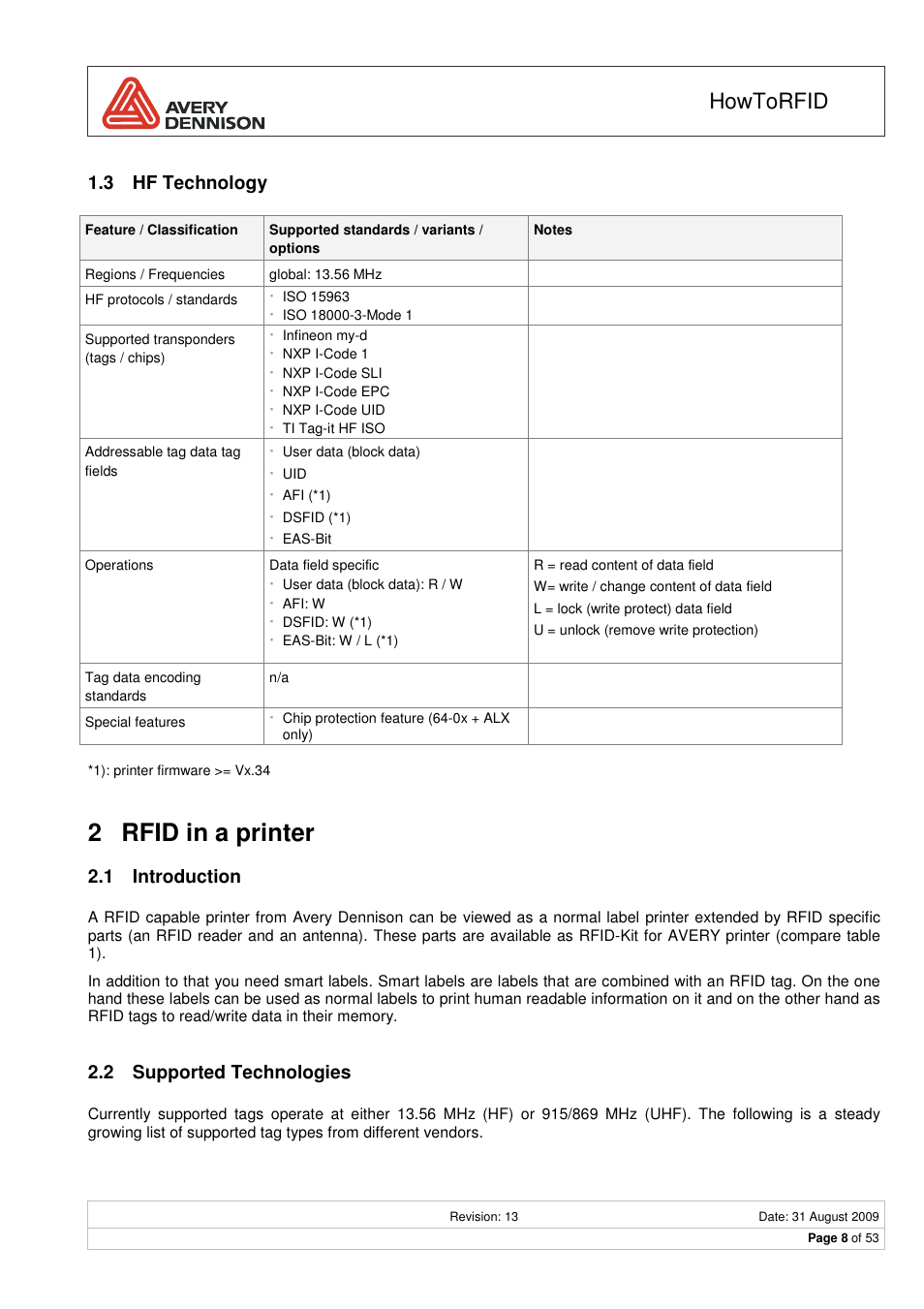 2 rfid in a printer, Howtorfid, 3 hf technology | 1 introduction, 2 supported technologies | Avery Dennison RFID User Manual | Page 8 / 53